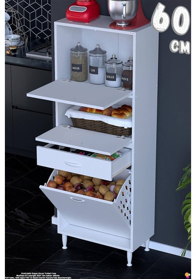 Vio 60 Cm Fırın Dolabı Sepetli Çekmeceli 2 Kapak Kiler Mutfak Dolabı Beyaz