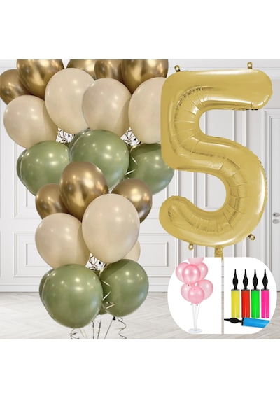 5 Yaş Balon Standlı Ve Pompalı Retro Küf Yeşili Krom Gold Kum Beji Balon Seti Gold Rakam Süsleme Çok Renkli