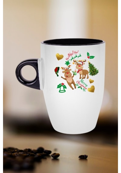 Yılbaşı Geyikli Kurabiye Baskılı Kupa Bardak Porselen Latte Filtre Kahve Fincanı Siyah