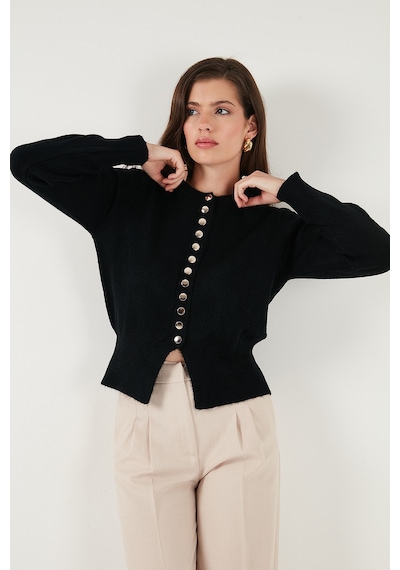 Lela Premium Comfort Fit Yuvarlak Yaka Crop Triko Bayan Hırka 680Hi00164 Siyah