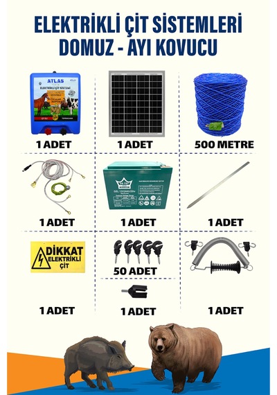 500mt 1-5 Dönüm Ayı Kovucu Elektrikli Çit Sistemi Kapı Yaylı 24a Akü Ve 25w Güneş Panelli