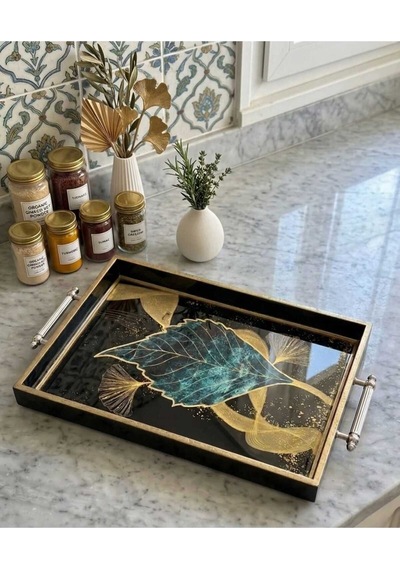 Ginkgo Yaprağı Desenli Dekoratif Tepsi & Siyah Gold Çerceveli Kulplu Çay Kahve Sunum Tepsisi