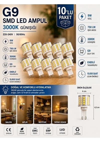 10 Adet 9w 750 Lm 3000k Günışığı G9 Smd Led Ampul