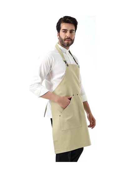 Barista Boyundan Askılı Önlük Kanguru Cepli - Bej Çok Renkli