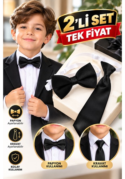 Cappadocians Erkek & Kız Çocuk 1-7 Yaş Lastikli Kravat & Lastikli Papyon - Siyah Renk 2'li Set - Unisex Kravat & Papyon