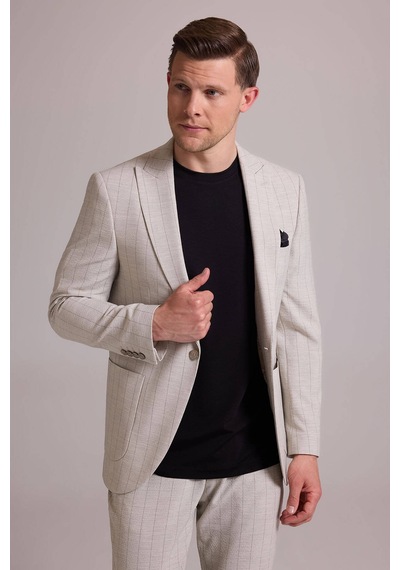 Erkek Bej Slim Fit Çizgili Tek Düğmeli Jogger Pantolonlu Takım El