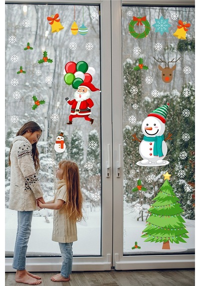 Yılbaşı Sticker Noel Baba Pencere Süsleri Ve Kar Taneleri Temalı Pencere Sticker