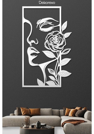 Kadın Ve Gül Metal Duvar Tablosu - Metal Duvar Sanatı - Beyaz - 30 X 50 Cm