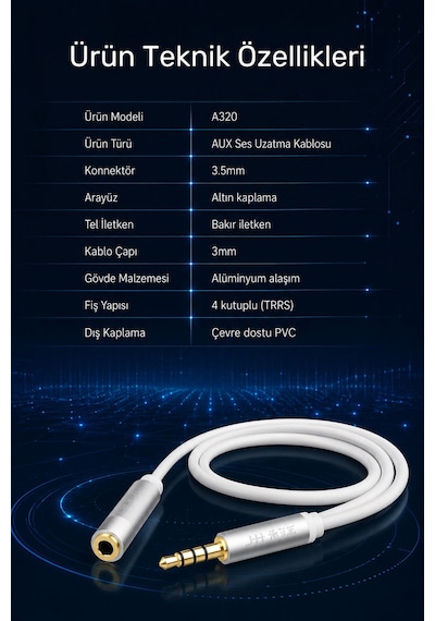 3.5mm Trrs Aux Ses Uzatma Kablosu 1.2 Metre, 4 Kutuplu Erkek Dişi Stereo Mikrofon Destekli Jack Kablo, Telefon Tablet Bilgisayar Araç Uyumlu, Altın Kaplama A320d 3.5mm Trrs Aux Ses Uzatma Kablosu 1.2 Metre, 4 Kutuplu Erkek Dişi Stereo Mikrofon Destekli Jack Kablo, Telefon Tablet Bilgisayar Araç Uyumlu, Altın Kaplama A320d