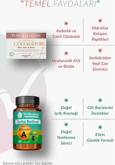 Wellvalens Kolajen Shot & Evita Retinol Kolajen Hyaluronik Asit Vitamin A & E Bakım Paketi