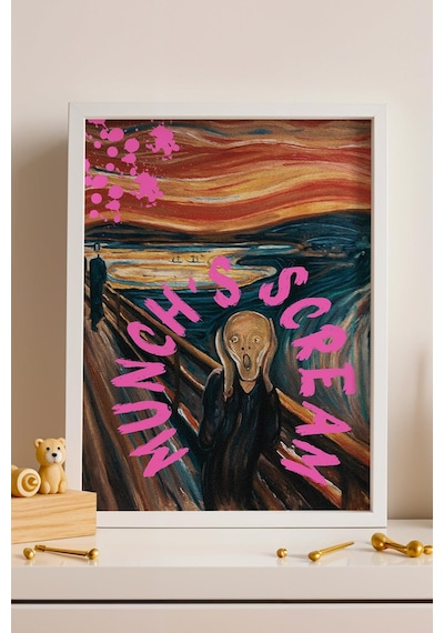 Edvard Munch The Scream Çığlık Çerçeveli Tablo Pembe Boya Sıçramalı İkonik Klasik Sanat Tablosu Altered Art
