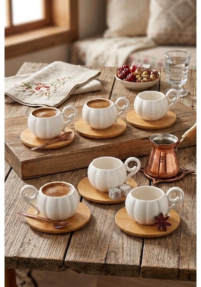 Bal Kabağı Seri Türk Kahvesi Fincanı 100ml Bambu Tabaklı Porselen Fincan Seti Diğer