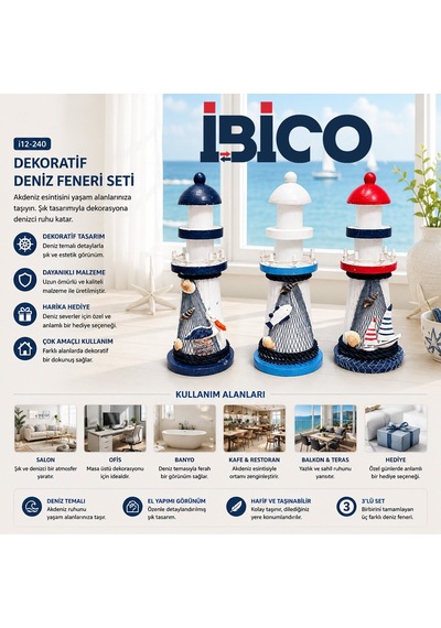 İbico İ12-240 Ahşap Deniz Feneri Maketi - Masaüstü Dekoratif Büyük Boy 22 Cm- 6'li Paket Diğer