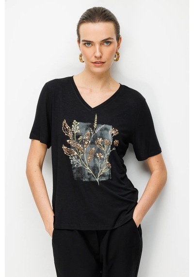 Desen Triko V Yaka Önü Pul Payet İşlemeli Penye Kadın T-shirt 26838 Siyah