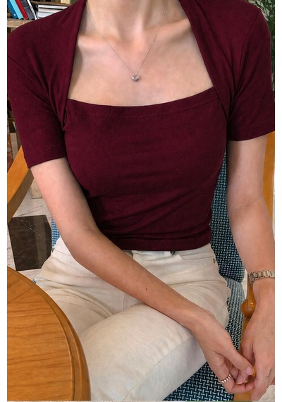 Kadın Haki Kuğu Yaka Slim Kısa Kollu Fit Crop Bluz Bordo