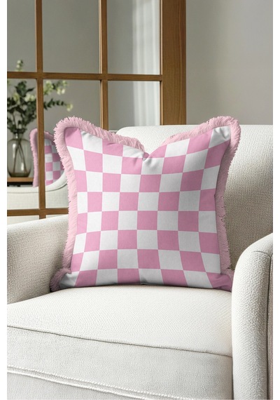 Damalı Retro Şık Saçaklı Yastık Kılıfı - Geometrik Pop Art Pembe Beyaz Pembe Püsküllü Kırlent Kılıfı Puslu Kanyon Aura Damalı Retro Şık Saçaklı Yastık Kılıfı - Geometrik Pop Art Pembe Beyaz Pembe Püsküllü Kırlent Kılıfı Puslu Kanyon Aura