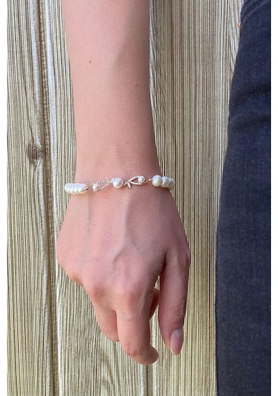 6,5 Mm Yaprak Taşlı Doğal İncili Bileklik 20 Cm / Sarı Sarı Sarı Altın