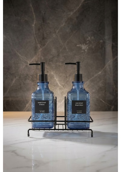 Makri Home Modern Kabartma Desenli Cam Ikili Sıvı Sabunluk & Deterjanlık Seti, Mavi - 500 Ml Cam Sabunluk Mavi