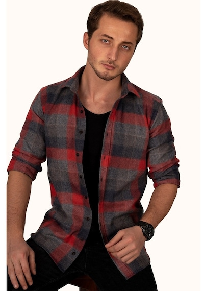 Damalı Slimfit Kırmızı Oduncu Erkek Gömlek Kırmızı