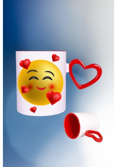 Kalp Emoji Baskılı Kalpli Kırmızı Kupa Bardak Çay Kahve Fincanı Beyaz