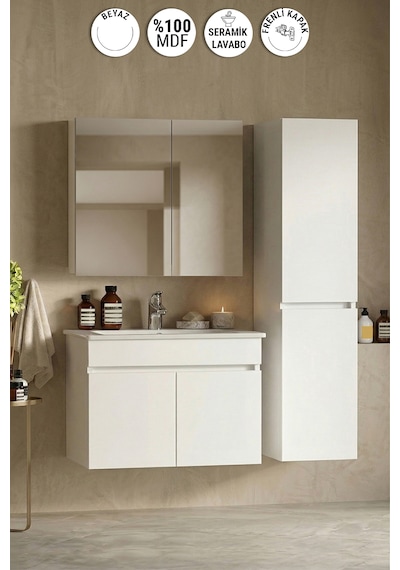 Lotus 75+35 Cm Beyaz Mdf Seramik Lavabolu Asma Banyo Dolabı Takımı