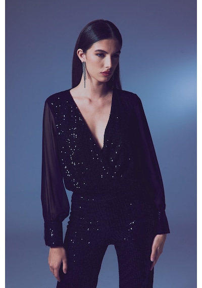 Sateen Şifon Kol Bodysuit Bluz - Siyah-135571 Siyah