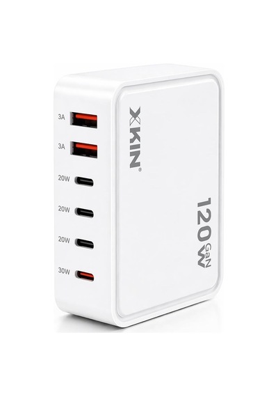 120w Gan Çok Portlu Şarj Cihazı, 6 Port, 2x Usb-a 3a + 3x Usb-c 20w + 1x Usb-c 30w, Beyaz Beyaz