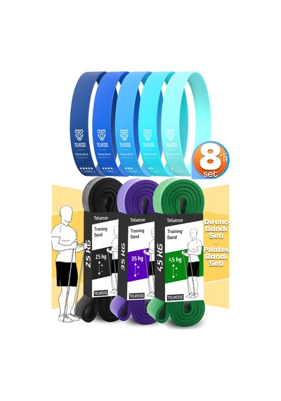 8li Giga Set 25+35+45 Kg + 5li Pilates Direnç Bandı Barfiks Lastiği Loop Band Mavi Ton Çok Renkli