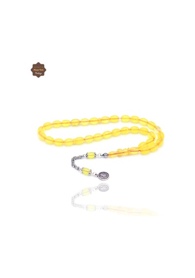 Limon Sarısı Arpa Kesim Gümüş Tuğra Püsküllü Sıkma Kehribar Tesbih 201025210 Renkli