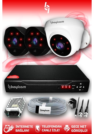 Bayicam 3 Kameralı Uzay 1 İç Kamera Set HDD'siz Full HD Gece Görüşlü Güvenlik Kamerası Sistemi