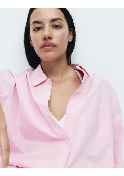 Marks & Spencer Saf Pamuklu Çizgili Poplin Pijama Üstü T37003702T Pembe