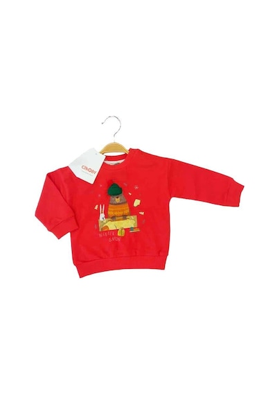 Çikoby Bebek Örgü Şapkalı Ayı Baskılı Sweatshirt-13519 Kırmızı
