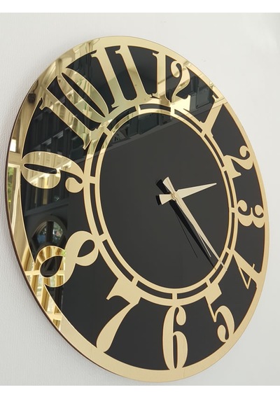 Ayna Denizi Golden Latin Black Model Altın Siyah Renk 50 Cm Dekoratif Aynalı Duvar Saati Siyah