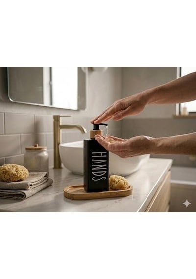 Tr Premium Mat Siyah &amp Beyaz Mutfak Sabunluk Seti - Bambu Tepsili 2x450ml Bulaşık Deterjanı Ve Sıvı Sabun Pompa Genel
