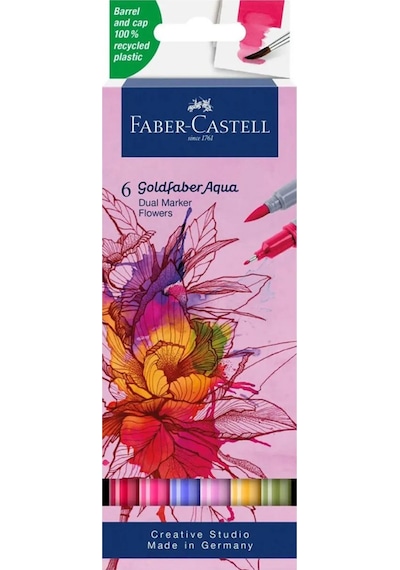 Faber-Castell Goldfaber Aqua 6’lı Çift Uçlu Marker Seti,Flowers Renkleri,Su Bazlı, Fırça ve Fineliner Uçlu