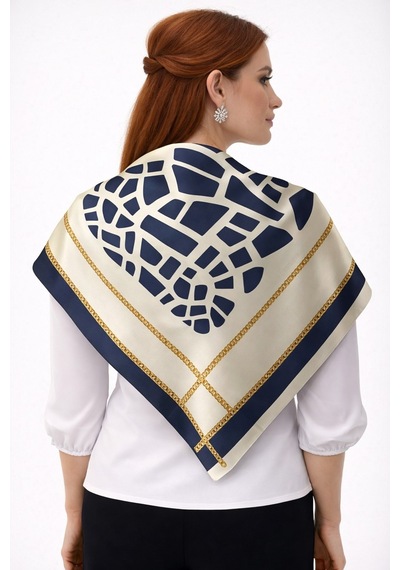 Tarzını Seç Lacivert Mozaik Zincir Fular / Bandana / Aksesuar / Şal / Eşarp 70x70