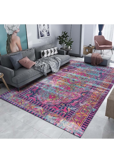 Lane Kadife Pamuk Tabanlı Yıkanabilen Kaydırmaz Antibakteriyel Salon Halısı 140x200 Çok Renkli
