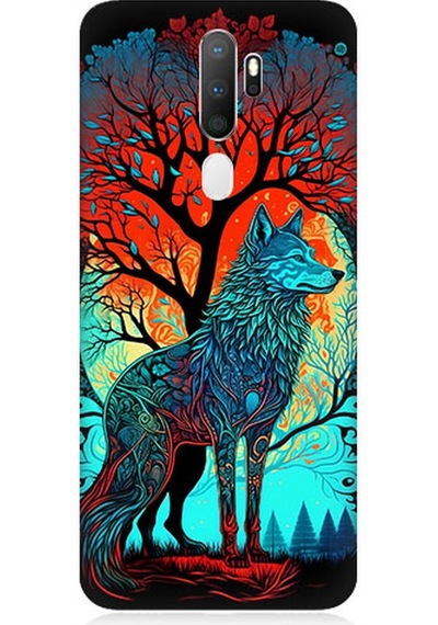 Oppo A5 2020 Uyumlu Silikon Kılıf Tribal Vitray Kurt Ve Ağaç