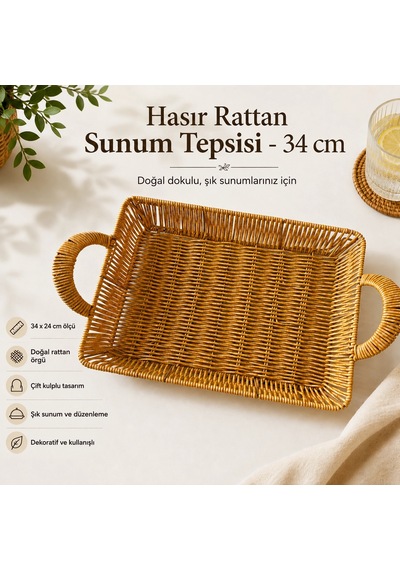 Hasır Rattan Sunum Tepsisi- 34 Cm Çok Renkli