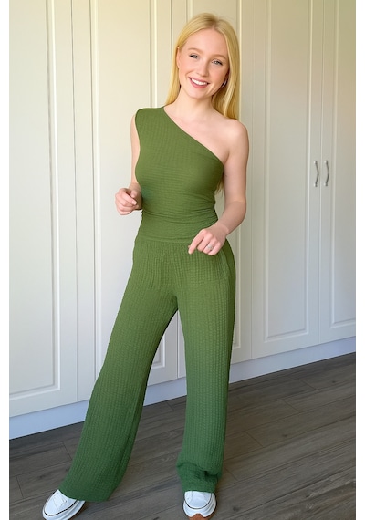 Trend Alisse Tek Omuz Gofre Kumaş Bluz Pantolon Takım Yeşil