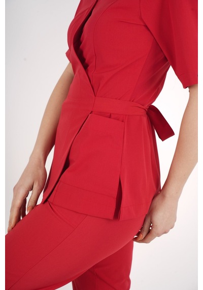 Kırmızı Elegant Model Cerrahi Üniforma Belden Bağlamalı Scrubs Takım Kırmızı