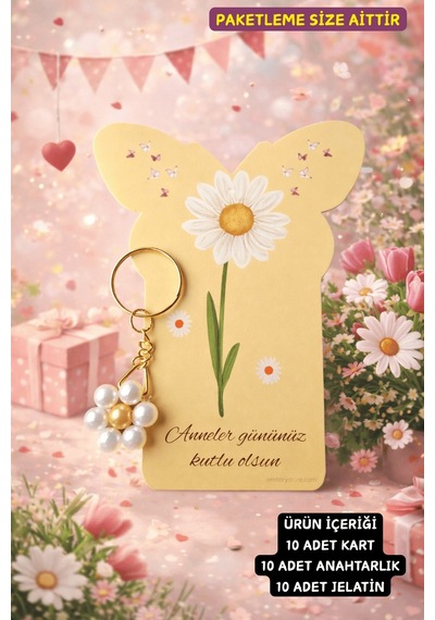 Butterfly Papatya Anahtarlık - Anneler Günü Hediyesi - Özel Konsept Kartlı - Sabit Yazı 10 Adet Çok Renkli