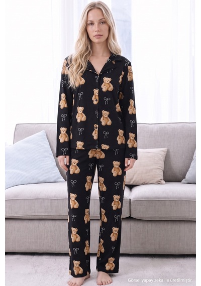 Siyah İnci Siyah Ayıcık Desenli Termal Kumaşlı Ultra Soft Yumuşak Düğmeli Örme Pijama Takımı 26226128