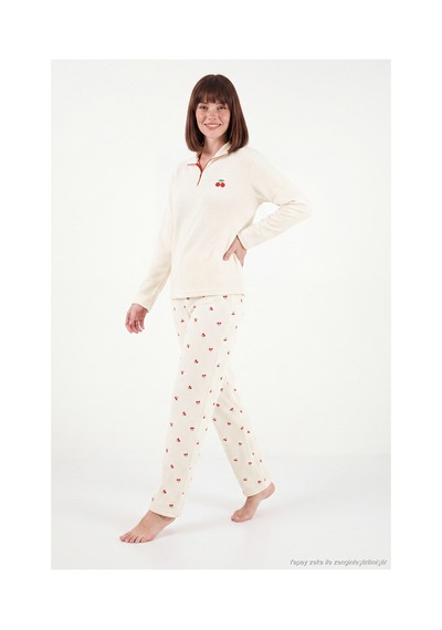 Lela Desenli Yumuşak Dokulu Yarım Fermuarlı Dik Yaka Pijama Takımı Kadın Pijama Takımı 6575017 Krem