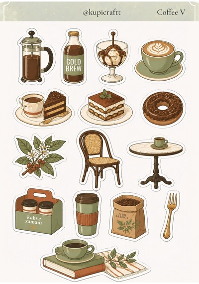 5 Sayfa Coffee & Matcha Temalı Sticker Set Coffee Break Ajanda Scrapbook Journal 0