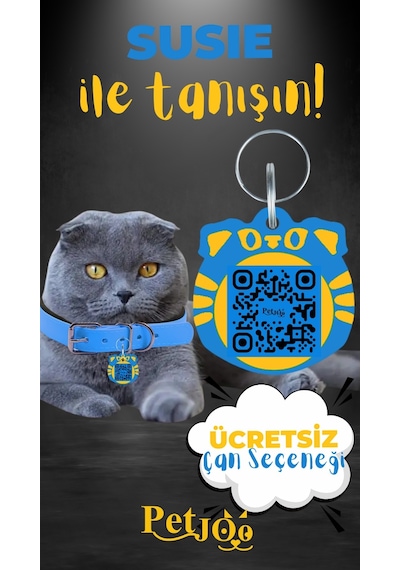 Petjoo 3.Susie Sarı-Mavi Qr'lı Kedi Künyesi