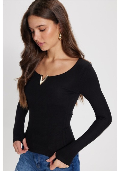Tudors Kadın Slim Fit Dar Kesim Pamuklu Uzun Kollu V Yaka Siyah Tişört Bluz-50782