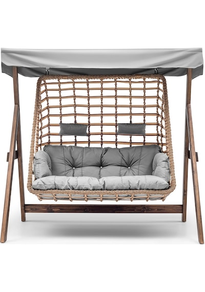 Girne Swing Ahşap Rattan Salıncak Dış Mekan Bahçe Balkon Ve Teras Ceviz