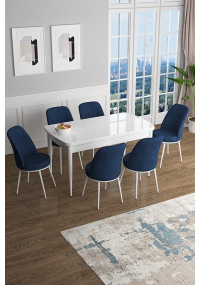 Canisa Concept Han Serisi 70x114 Açılabilir Mdf Mutfak Masası Takımı Beyaz Masa 6 Lacivert Sandalye Masa Beyaz Sandalyeler Lajivert