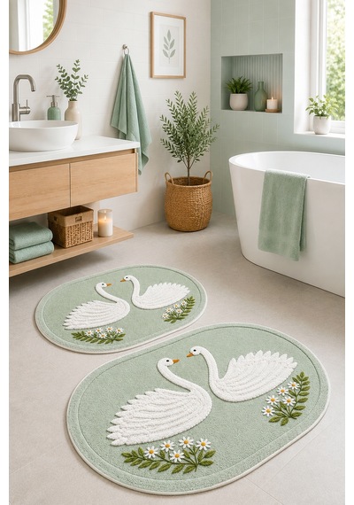 Buççin Online Mağaza Kalın Dijital Kaymaz Yıkanabilir Kuğu Desenli İkili Yeşil Oval Banyo Paspası Banyo Halısı Banyo Deko Çok Renkli